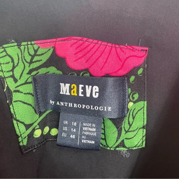 Anthropologie Maeve Ruched Midi Dress Floral Black Pink Slit Women Sz 14 - Picture 8 of 10